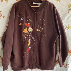 VTG 90s Embroidered Leaves Brown Snap Cardigan Sweatshirt Granny Cottage Meemaw